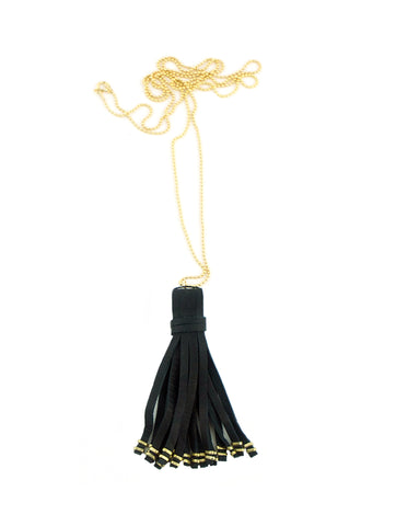 Gold Ball Chain & Black Leather Tassel Necklace 