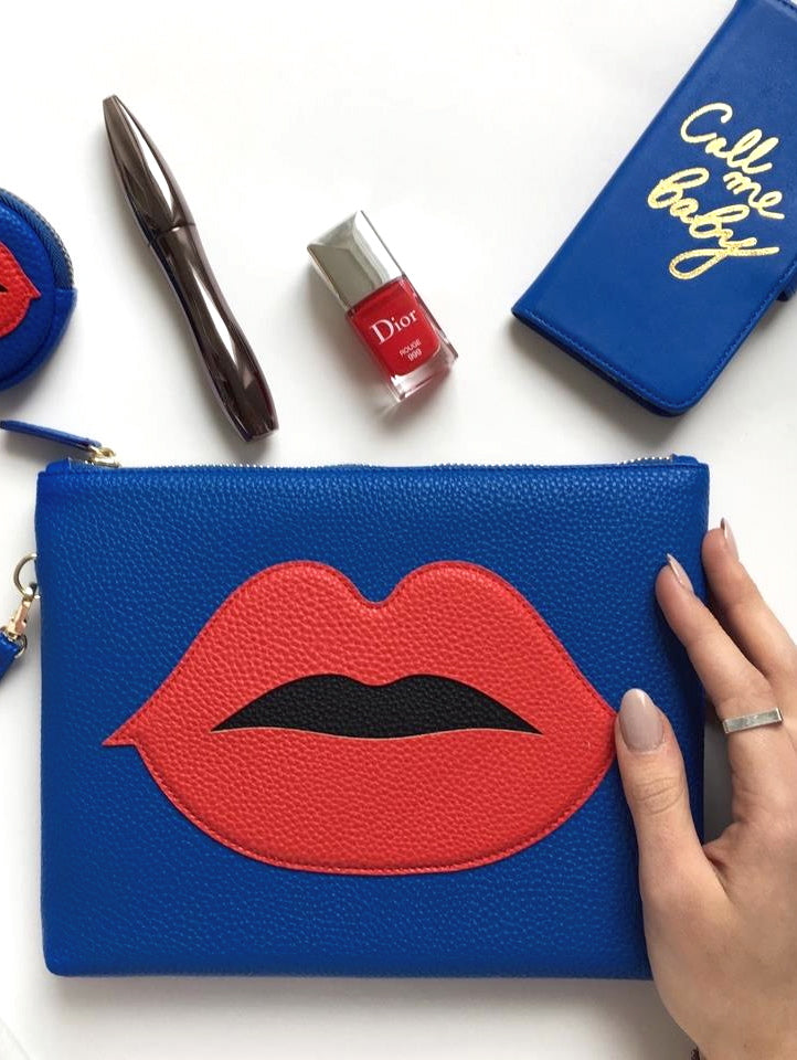 Blue Cosmetic Pouch Red Patch Lips - iphoria