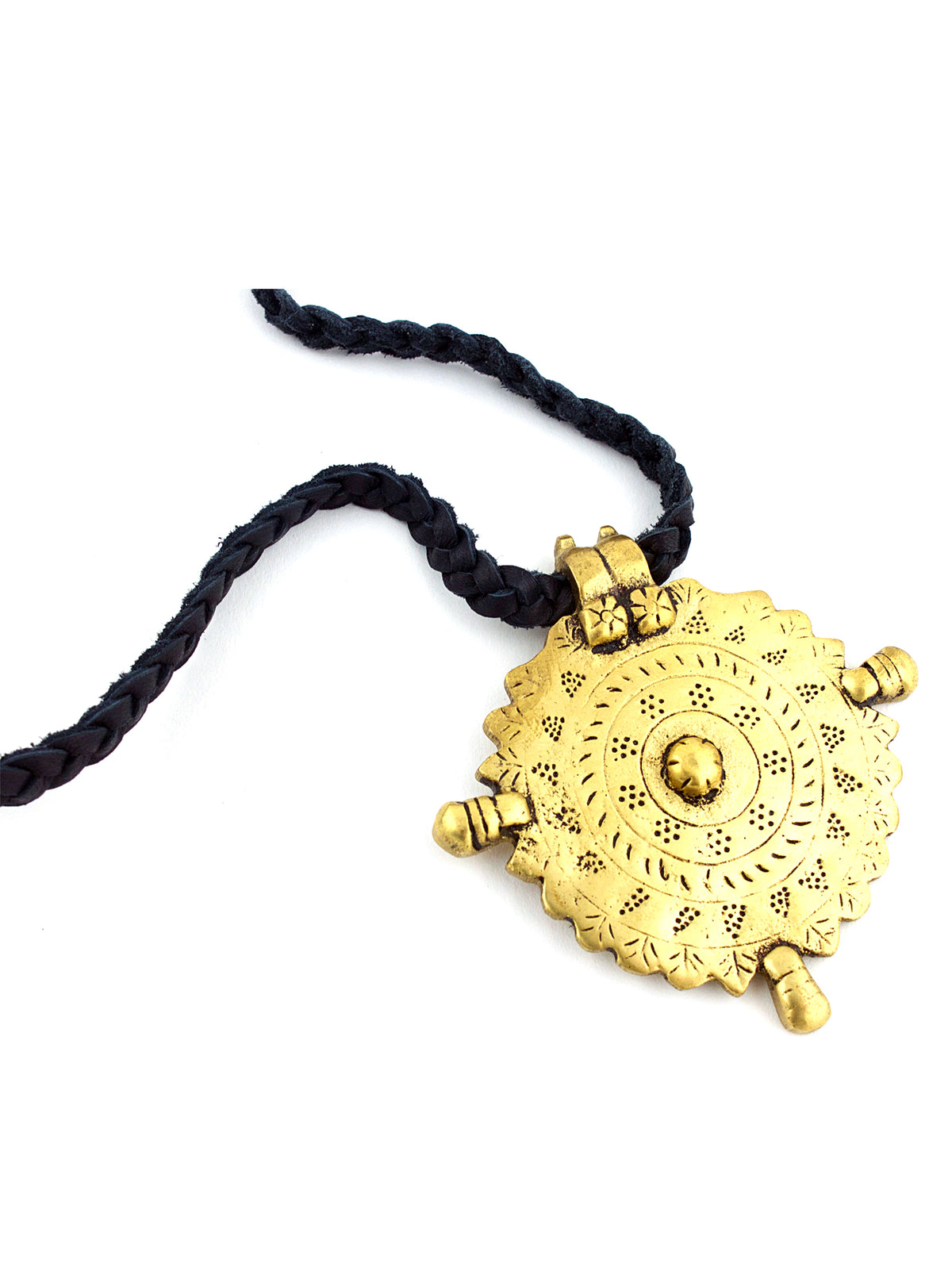 Gold Medallion Braided Black Leather Necklace