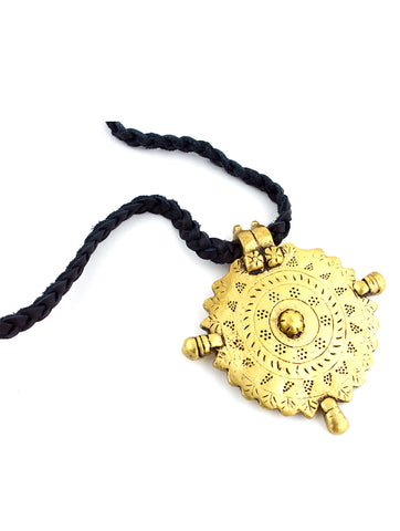 Gold Medallion Braided Black Leather Necklace