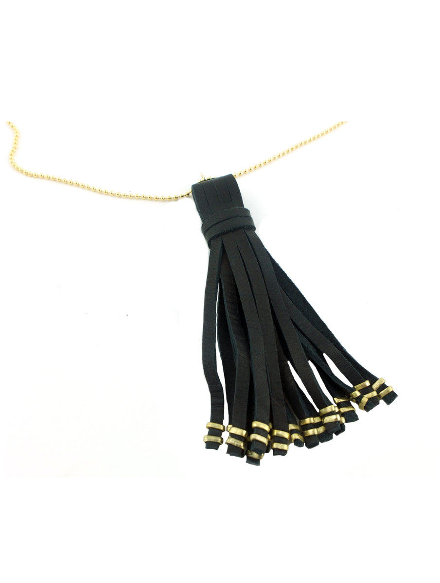 Gold Ball Chain & Black Leather Tassel Necklace 