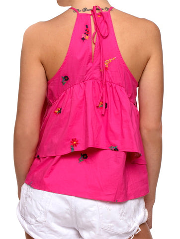 Hot Pink Floral Embroidery Ruffle Halter Top -