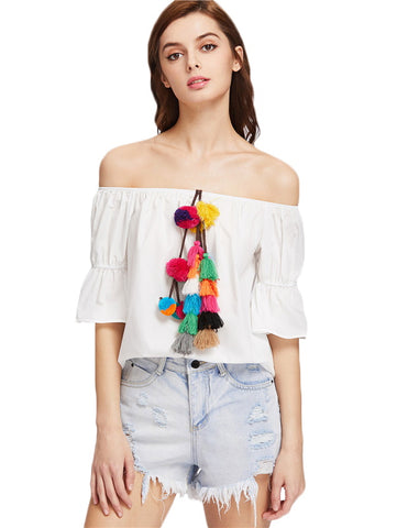 Pom-pom Tassel Exposed Shoulder Peasant Blouse