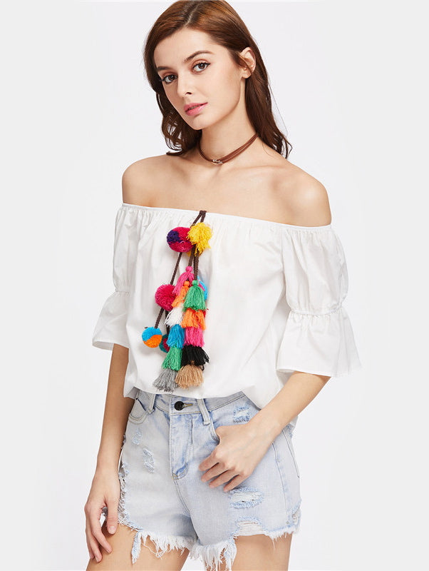 Pom-pom Tassel Exposed Shoulder Peasant Blouse - shop amla