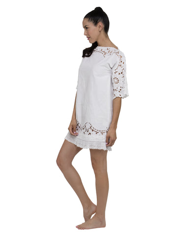 Denia Sleeved Kaftan Burn Out Lace Mini Dress