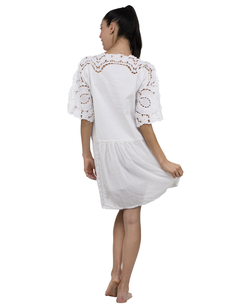 Denia Sleeved Kaftan Pleaded Lace Mini Dress