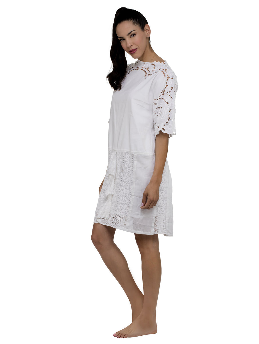 Denia Sleeved Kaftan Pleaded Lace Mini Dress