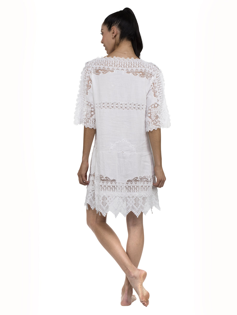 Denia Sleeved Kaftan Vintage Lace Mini Dress